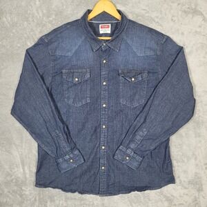 Wrangler Shirt Mens 2XL Blue Denim Western Pearl Snap Long Sleeve Cowboy Rodeo